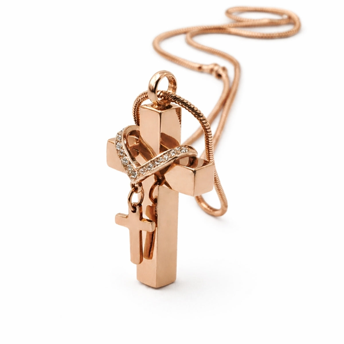 Vue 3/4 de la Croix du Souvenir urne rose avec double croix et finition lumineuse