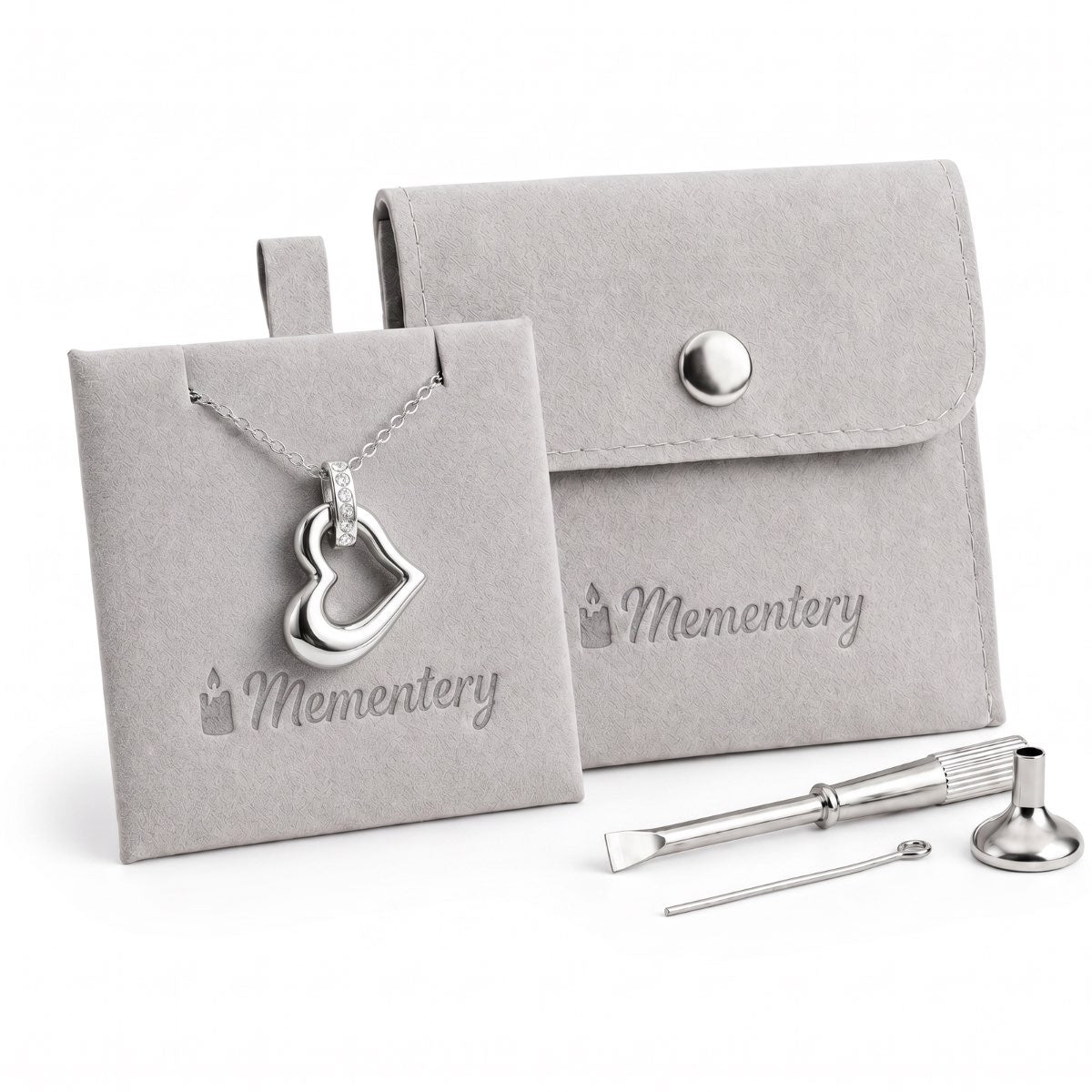 Coffret Mementery avec pendentif cœur éternel urne argenté et kit de remplissage inclus