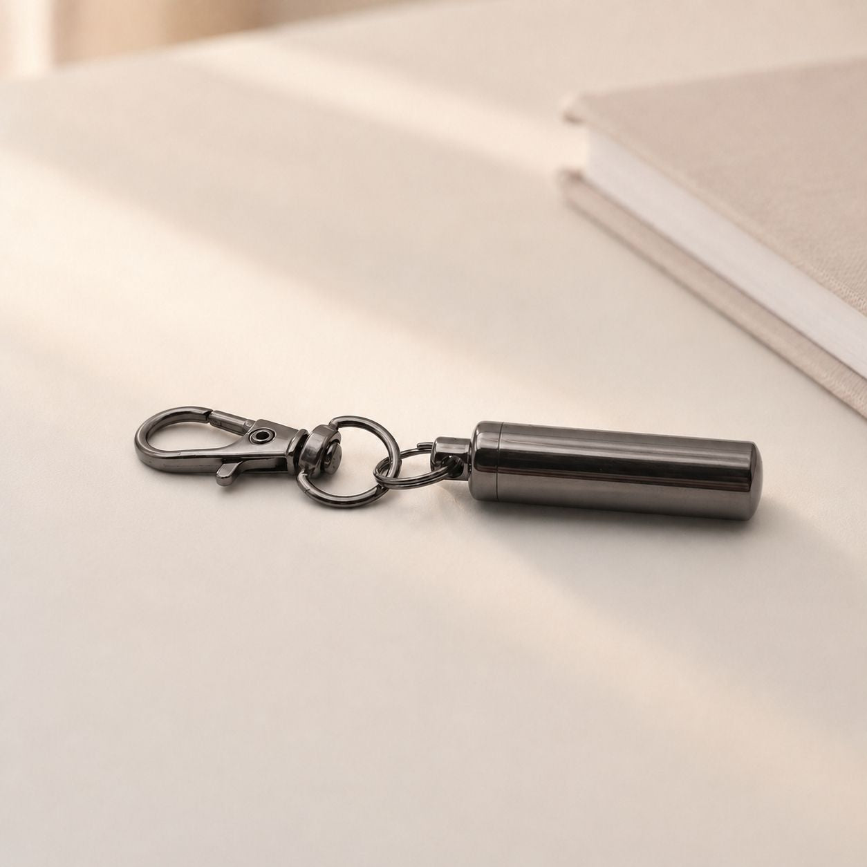Porte-clés Capsule du Souvenir en acier inoxydable noir dans une ambiance élégante et minimaliste