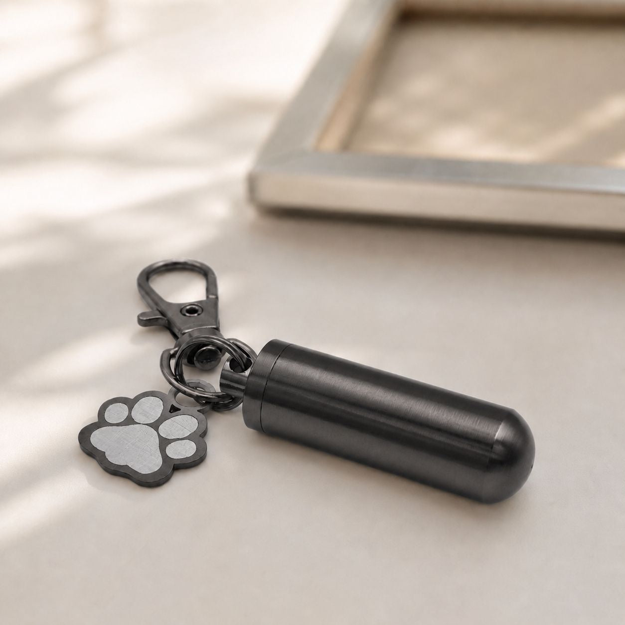 Porte-clés Empreinte du Souvenir en acier inoxydable noir dans une ambiance élégante et minimaliste